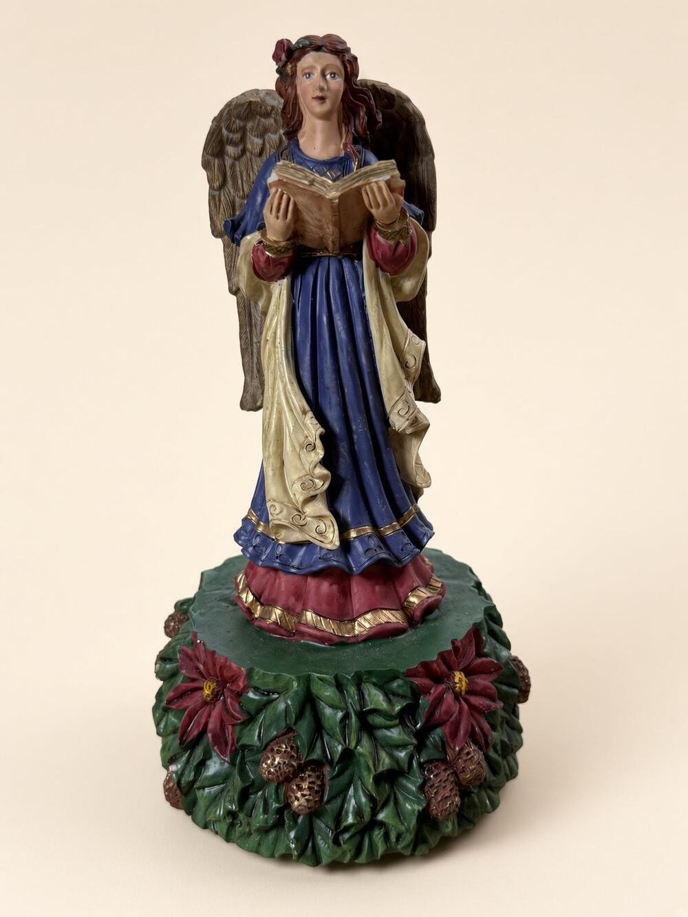Angel Book Figurine, Poinsettia Holly Base, Blue Dress Resin Christmas